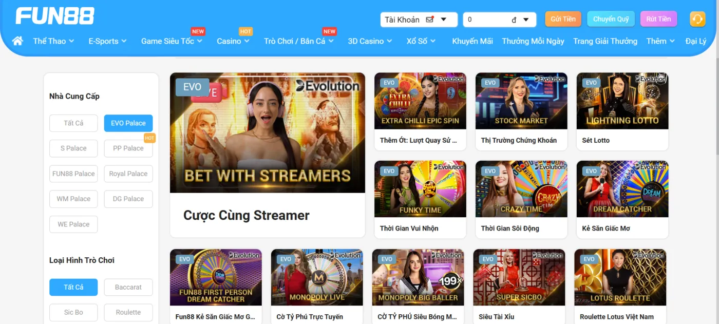 Các trò chơi hấp dẫn tại sảnh Casino EVO Place Fun 88