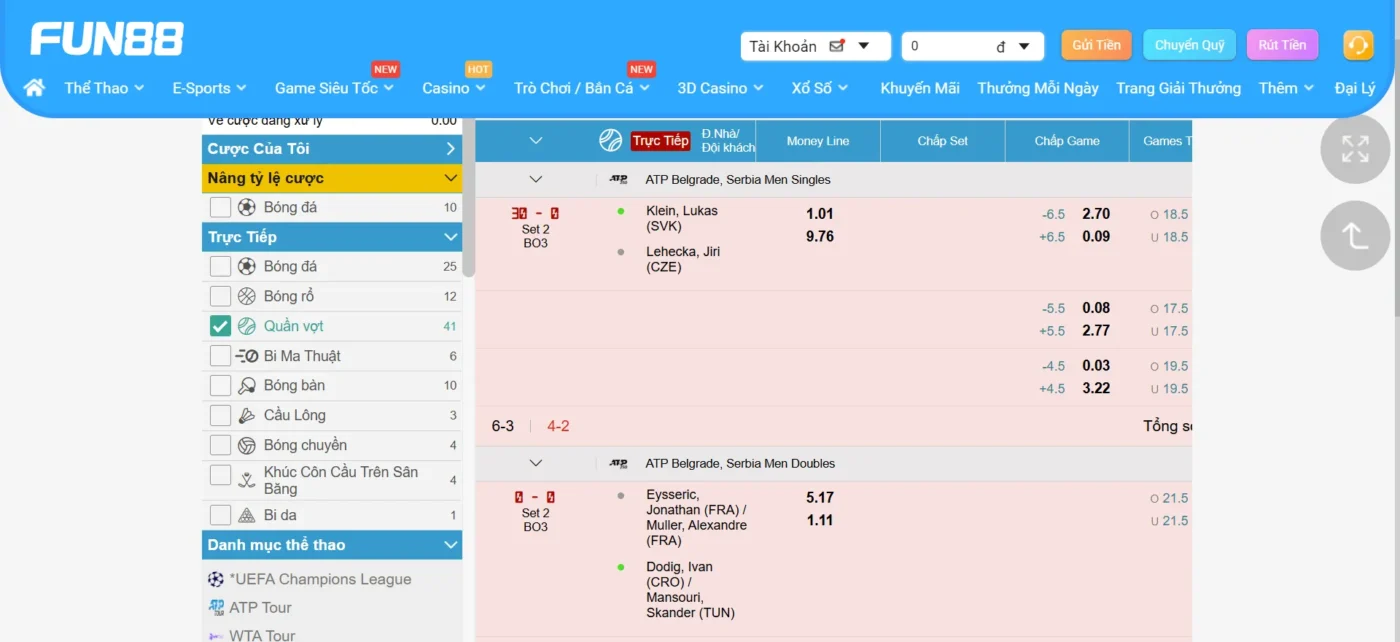 Các loại kèo phổ biến khi cá cược quần vợt tại Fun88